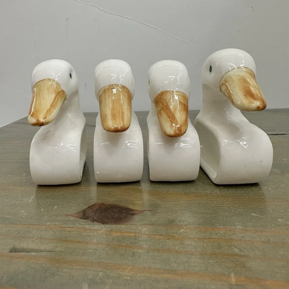 Set Of 4 Ceramic White Duck Napkin Ring Holders Handmade Hand Painted 2.5